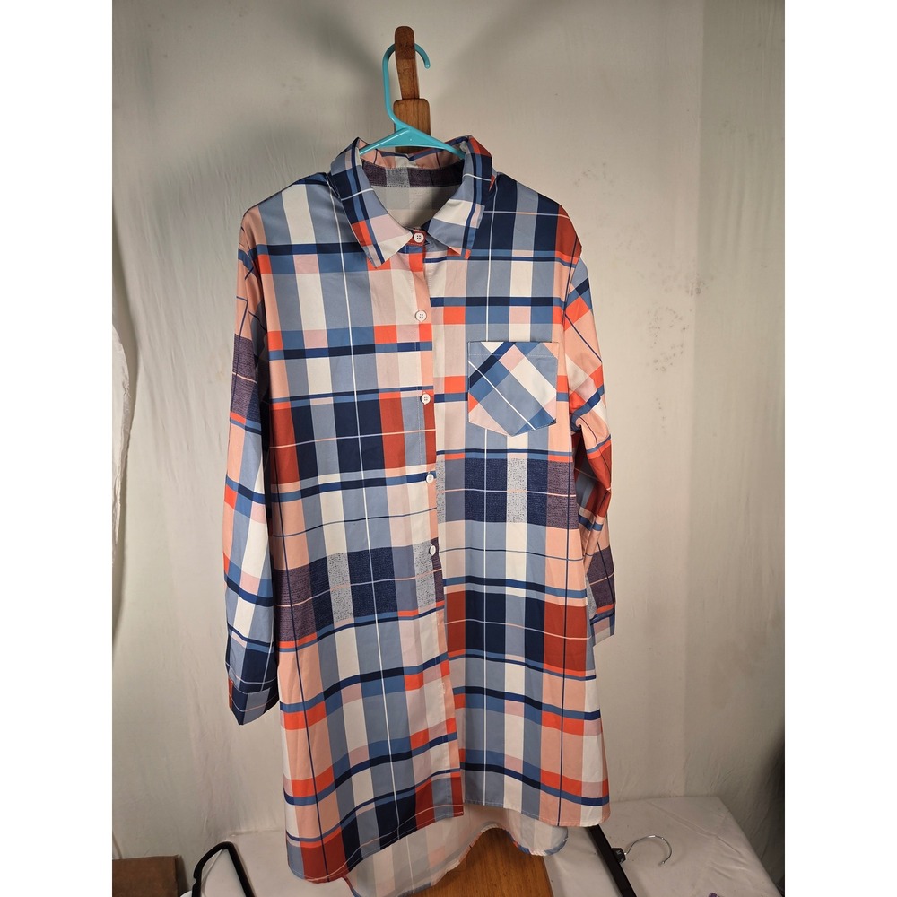 SHEIN Curve Womens 2XL Plaid Button Down Shirt Blue Orange Long Sleeve Tunic Top